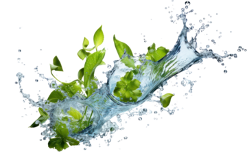 Clear water spurting out of the pond sparkles and glitters on the surrounding leaves, isolated on a white background.