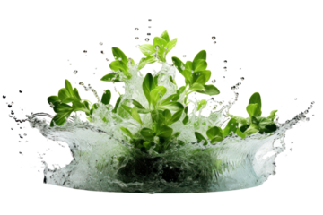Clear water spurting out of the pond sparkles and glitters on the surrounding leaves, isolated on a white background.