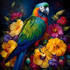 Fototapeta premium parrot on a branch,blue and yellow macaw isolated on flower background,side view of macaw