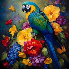 Obraz premium blue and yellow macaw isolated on flower background,side view of macaw