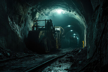 Naklejka premium Coal Miners Operating Heavy Machinery Deep Underground in a Dimly Lit Tunnel