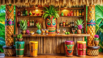 Naklejka premium Vibrant tiki bar with colorful decor and tropical drinks, tiki, bar, tropical, cocktails, party, exotic, bamboo