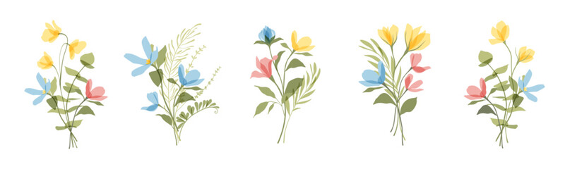 Set of botanical bouquet vector. Flat transparent colorful flowers, wildflowers, wild grass for wedding, invitation, home decor, clipart. Hand drawn floral illustration for Easter, mother's day.