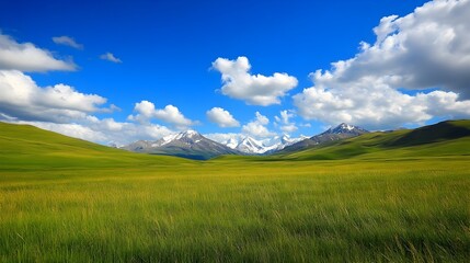 Obraz premium Majestic Mountain Landscape with Lush Grassland and Serene Sky