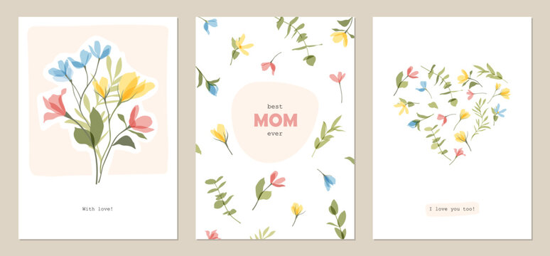 Botanical frame, border of vector cute transparent flowers. Bouquet and heart of colorful wildflowers. Floral templates for invitation, birthday, Mother's Day, Valentine's Day, social media post, card
