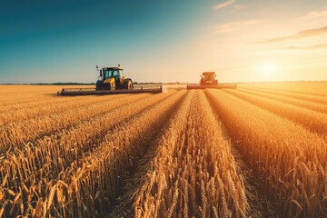 Fototapeta premium Two Tractors Harvesting Golden Wheat Fields Under a Majestic Sunset
