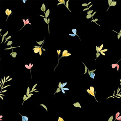 Seamless pattern of cute transparent colorful flowers for textiles, fabric printing, children's parties. Many small wild flowers on black background. Kids romantic ornament. Botanical illustration.