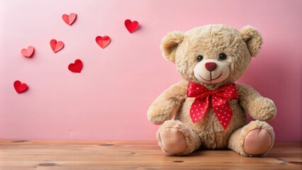 Obraz premium Cute teddy bear with red bow and hearts on pink background perfect Valentine's Day gift, Teddy bear, red bow