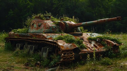 The rusty hull of a broken tank is overgrown with grass