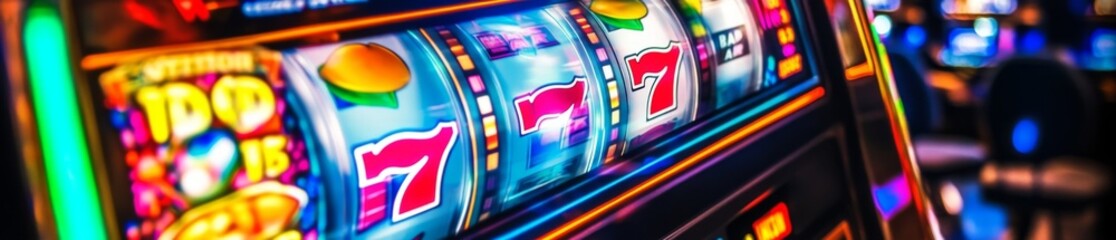 Fototapeta premium Vibrant Slot Machine with Winning Symbols: Capturing the Thrill of a Big Win in a Lively Casino Setting