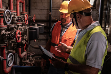 Two maintenance workers are adjusting the pressure in the pipes to ensure the factory operates normally. They carefully monitor the instruments and make necessary adjustments.	