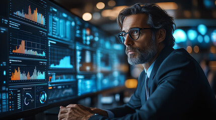 Fototapeta premium A professional man monitors data on screens, immersed in analytics and trends, showcasing a modern business environment.