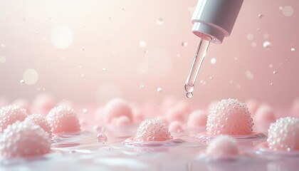  Effervescent bubbles in a pink bath with a dropper adding a touch of luxury