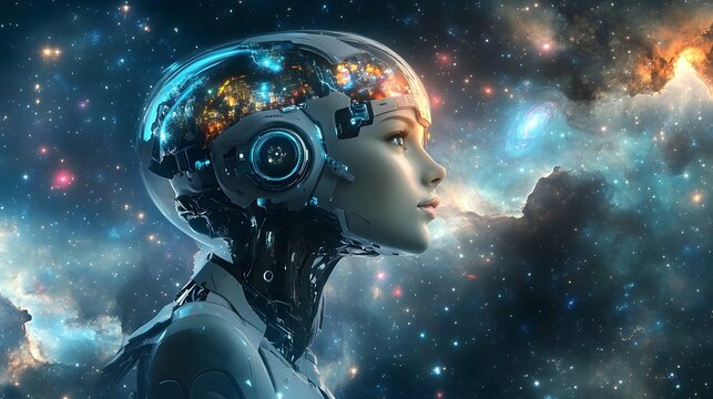 Futuristic Cyborg in a Cosmic Dreamscape - Exploring the Realms of Intelligence and Imagination