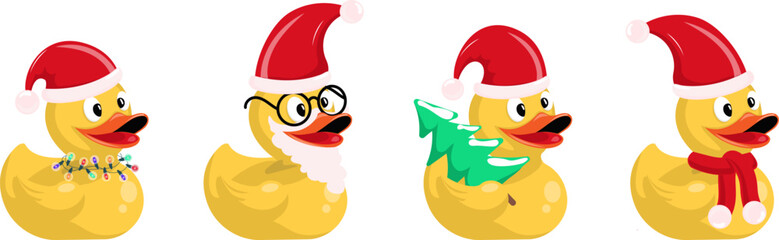 Set of yellow rubber ducks stylized for Christmas and new year. Duck with Santa Claus hat, duck with beard, duck carrying Christmas tree, duck with garland. Simple flat vector.