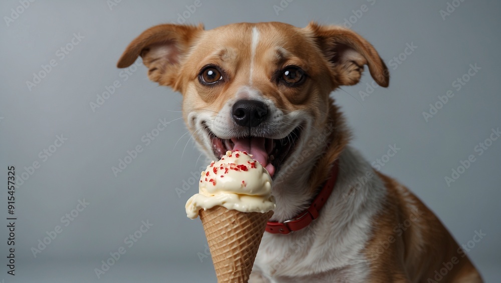 Wall mural happy dog enjoying ice cream with joyful expression