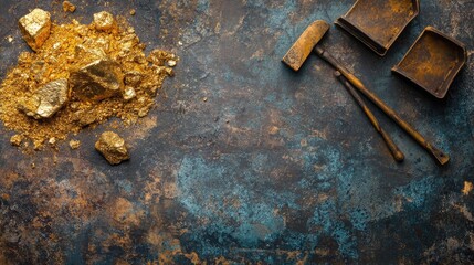 Gold mining equipment and raw gold ore on a rugged, industrial background, ideal for themes of mining, industry, and raw materials.