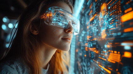 A young woman wearing futuristic glasses, engaged with a digital interface, immersed in technology and innovation.