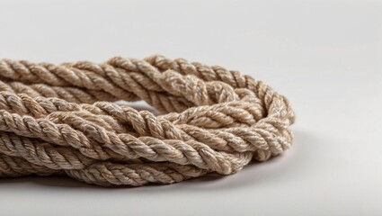Twisted beige rope coiled neatly on white background
