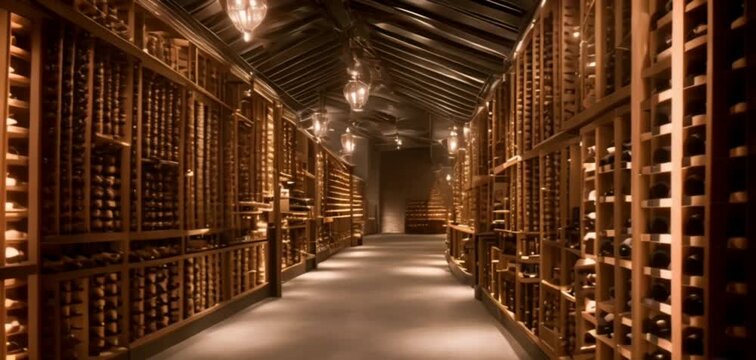 Wine Cellar Walk: Begin at the entrance of a wine cellar, walking through rows of elegantly displayed wine bottles, highlighting the sophisticated storage.