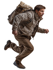 Man in hiking gear with backpack running side view transparent background PNG file.