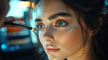 Obraz premium Close-up of a young woman having her makeup applied, showcasing her striking blue eyes and glowing complexion.
