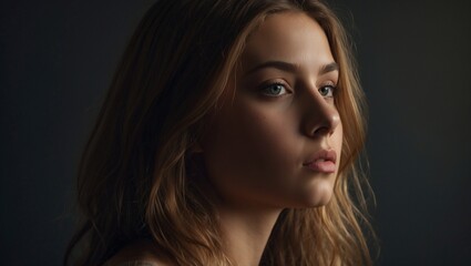 Fototapeta premium Side portrait of young woman in thoughtful, dark setting