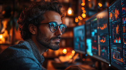 Focused man analyzes data on multiple monitors in a cozy, illuminated workspace. A blend of technology and creativity.