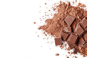Fototapeta premium Heap of broken pieces of chocolate on white background
