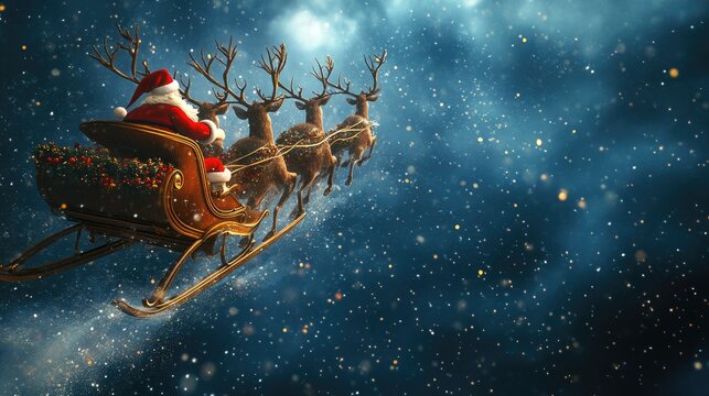 Joyful Christmas scene of Santas sleigh and reindeer flying through the sky, leaving room in the center for text. Perfect for holiday wishes.