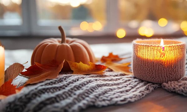 Cozy autumn scene with candle, leaves, and pumpkin on knitted blanket