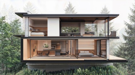 Cross-Sectional View of Modern Eco-Friendly Home with Minimalist Design