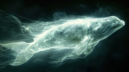 Ethereal illuminated ghostly whale in dark water, showcasing an abstract vision of a glowing marine creature in mystical underwater scenery.