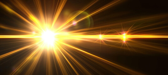 Fototapeta premium Gold Warm Color Bright Lens Flare Rays - Light Flashes and Leak Movement for Transitions on Black Background, Elegant Light Effects, Radiant Gold Glow, Dynamic Visual Highlights