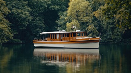 Fototapeta premium An elegant cabin cruiser on a secluded lake, surrounded by lush greenery, offering serene solitude