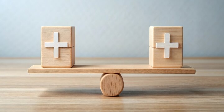 Wooden scale balancing cubes with plus and minus arguments , balance, cubes, wooden, scale, positive, negative