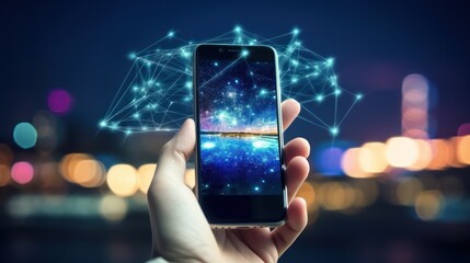hand hold mobile phone and the big data wireless 5G connecting, technology, networking, digital, business, connect, communication, smartphone, online, cyberspace, social, media, interface