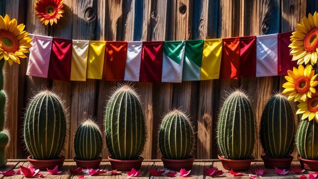 Background with cacti and colorful flags