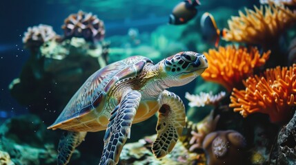 Sea Turtle Serenity: A serene sea turtle glides through a vibrant coral reef, its shell shimmering with ancient wisdom, surrounded by a kaleidoscope of marine life in a breathtaking underwater