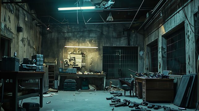 This scene was staged to recreate an warehouse weapons are movie props fake guns