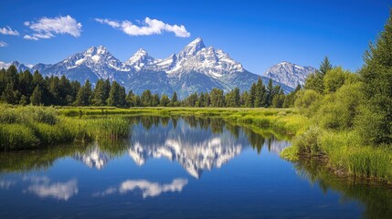 Fototapeta premium Beautiful landscape of the Grand Tetons with their jagged peaks reflecting in still waters, surrounded by lush greenery.