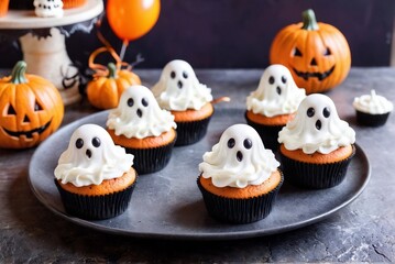 Halloween cupcakes. Cute ghost cupcakes on a plate at Halloween cafe with copy space.