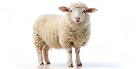 Fototapeta premium Adorable fluffy sheep with soft white fur and gentle expression stands alone on a clean white background, symbolizing innocence and rural charm.