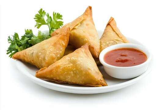 Four Fried Samosas with Red Sauce and Parsley on White Plate
