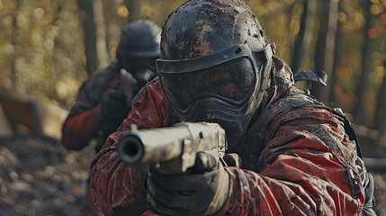 Paintball Player - Action Shot, Dynamic Gameplay, Paintball Sports, Competitive Player in Motion, Outdoor Paintball Game, Exciting Paintball Action