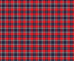 Plaid pattern, red, navy blue, white, seamless for textiles and designing clothing, skirts, pants, aprons, tablecloths, blankets or decorative fabrics. Vector illustration.