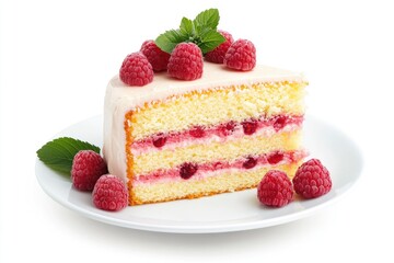 A slice of vanilla cake with raspberry filling and frosting, garnished with raspberries and mint.