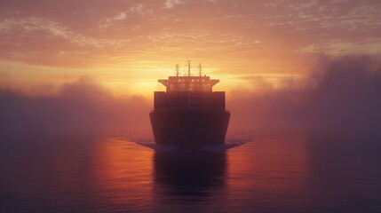 Obraz premium A cargo ship at dawn, with the first light of day breaking over the horizon, symbolizing new opportunities in global trade.