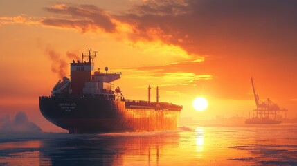 Obraz premium A cargo ship at sunrise, with the golden light reflecting off the water, symbolizing the beginning of a new trade journey.
