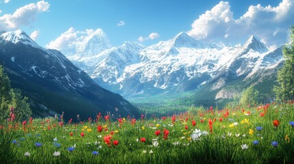 Fototapeta premium Breathtaking view of the Alps with snow-capped peaks and lush green meadows, dotted with colorful spring flowers.